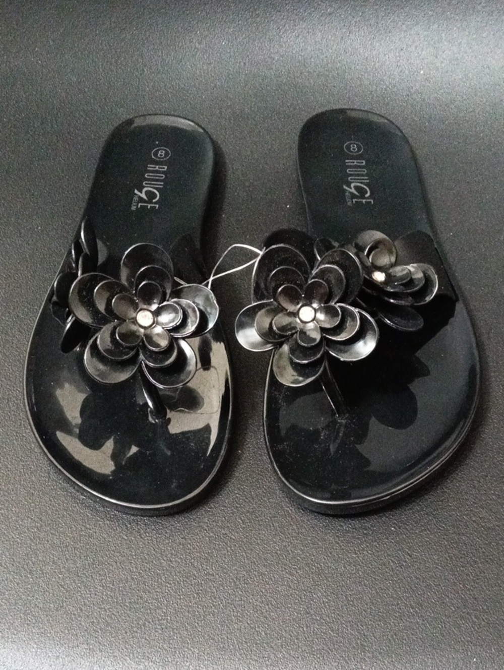 Rouge Helium Black Floral Jelly Slide Sandals with Layered Flower Accent